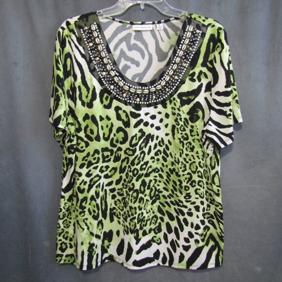Susan Graver Liquid Knit U Neck Top Bead & Shell Trim Women Size XL Animal Print - Picture 10 of 10